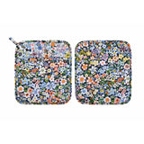 Two square zippered pouches with rounded corners, featuring a dense multicolor floral print on a dark background, displayed side-by-side against a plain white background.