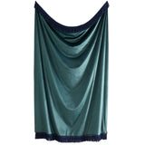 Teal curtain with dark blue trim on a white background