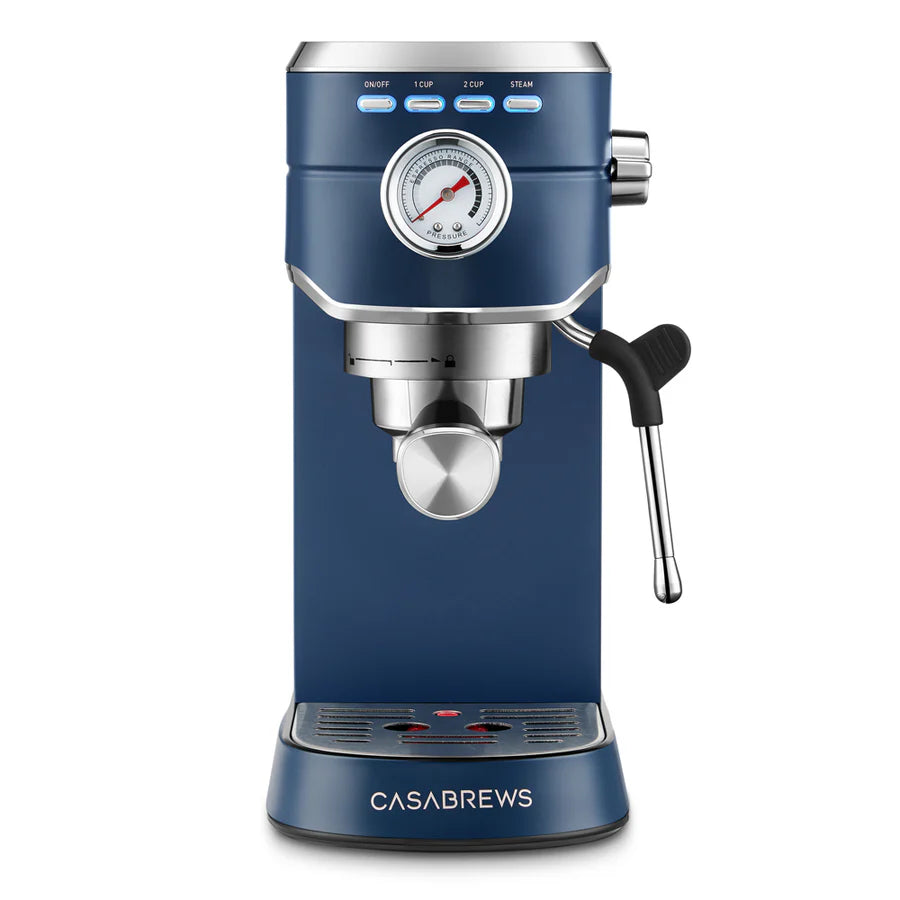 Blue espresso machine with a visible brand name on a white background
