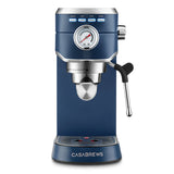 Blue espresso machine with a visible brand name on a white background