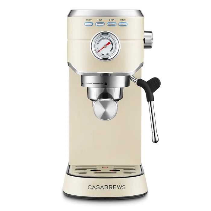 Cream-colored espresso machine with brand name 'Casabrews' on a white background