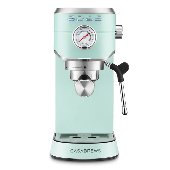 Casabrews espresso machine in mint green with stainless steel accents, featuring a pressure gauge, steam wand, and portafilter holder on a white background.