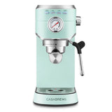 Casabrews espresso machine in mint green with stainless steel accents, featuring a pressure gauge, steam wand, and portafilter holder on a white background.