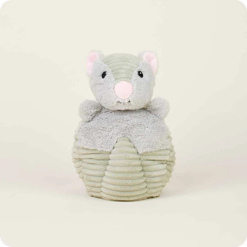 Plush toy shaped like a mouse with a textured body on a white background