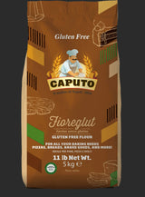 Bag of Caputo gluten-free flour with branding and product details on a dark background