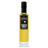Yellow bottle of olive oil with black label on a white background