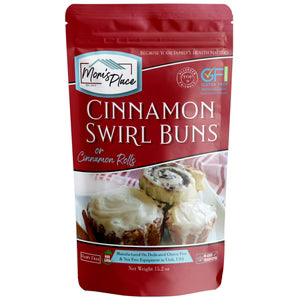 Package of Mom's Place Cinnamon Swirl Buns on a white background