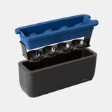 Black container with blue lid to make tent on a white background