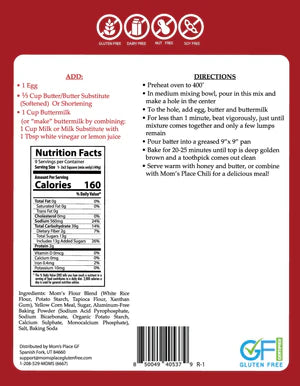 Back of a food package with nutrition facts, ingredients, and GFI logo on a red background