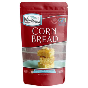 Corn bread package with red label featuring a stack of cornbread muffins on a white background