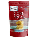 Corn bread package with red label featuring a stack of cornbread muffins on a white background