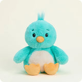 Plush toy penguin with a blue body and orange feet on a white background