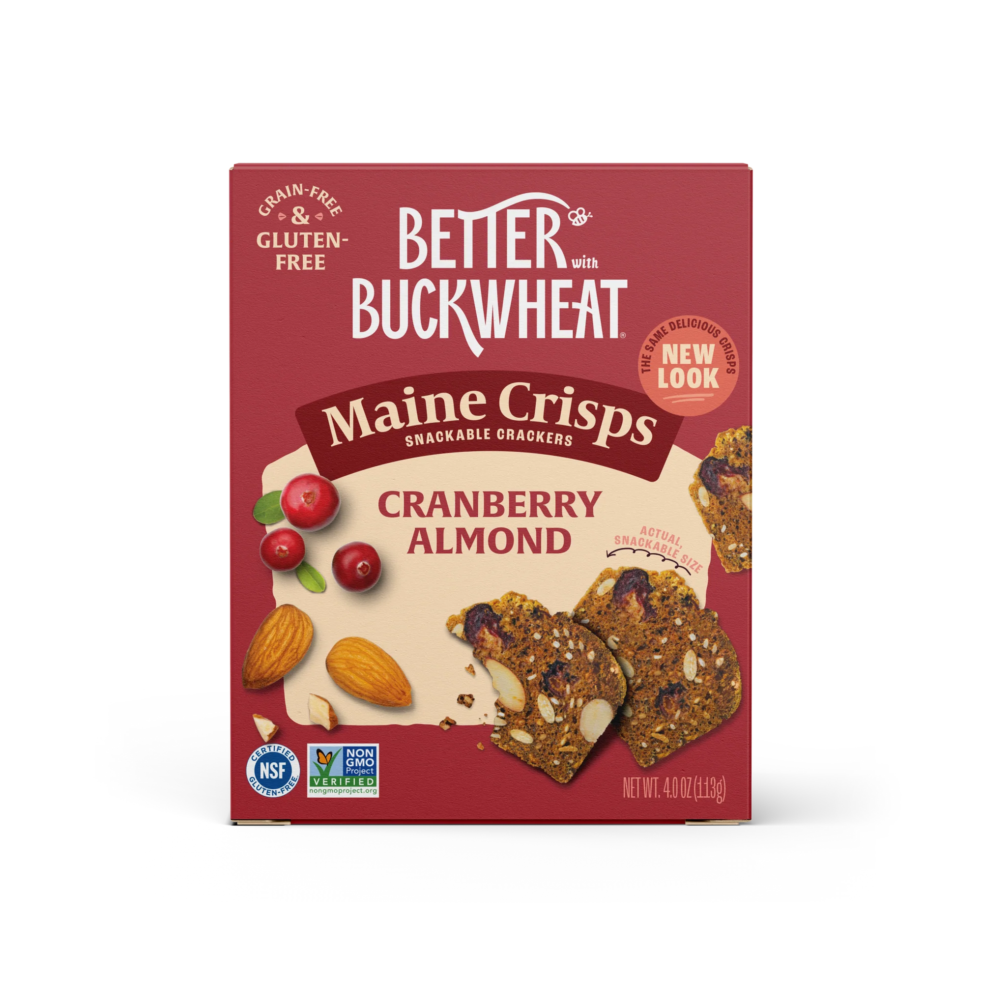 Box of Maine Crisps Cranberry Almond crackers with a red background