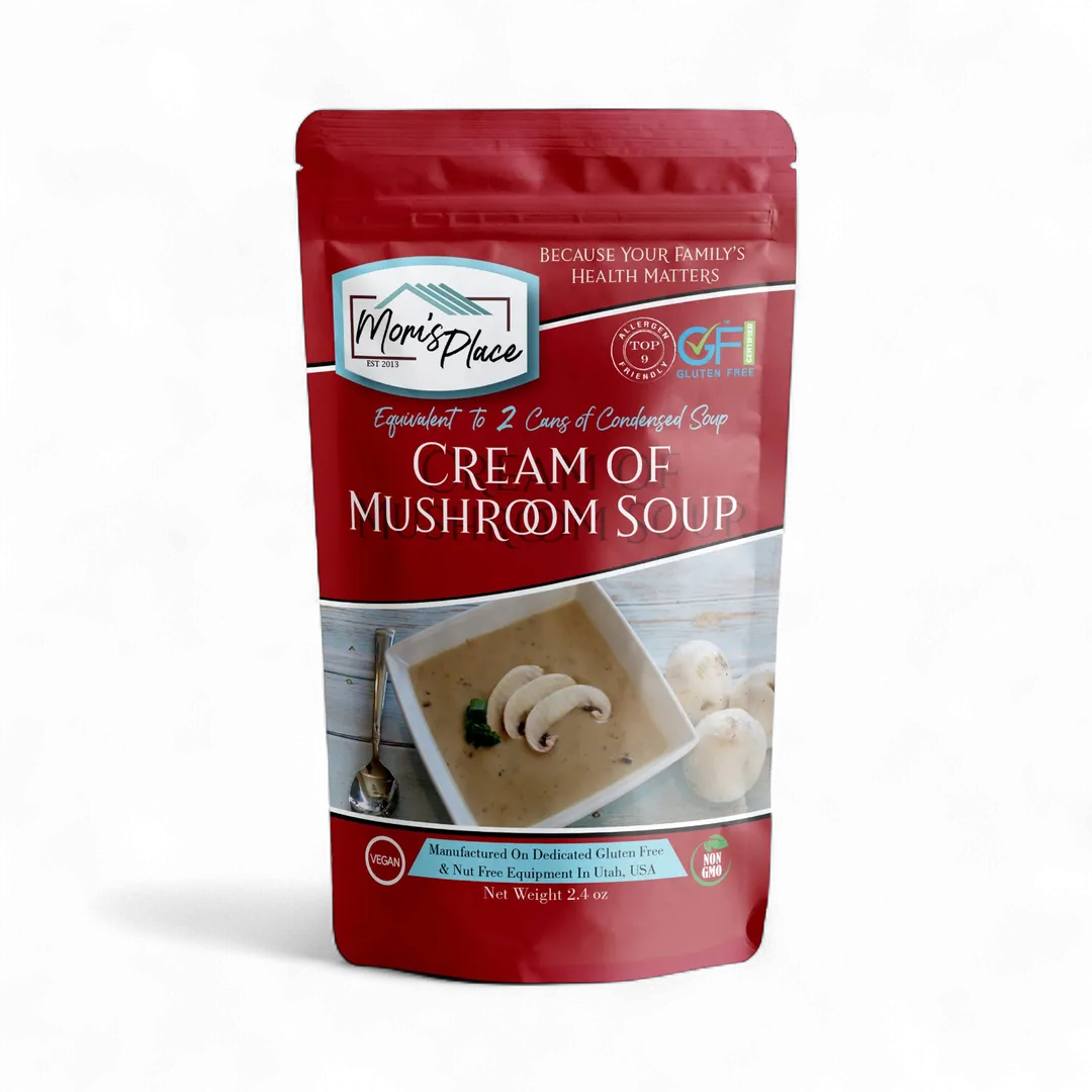 Mom's Place Cream of Mushroom Soup package on a white background