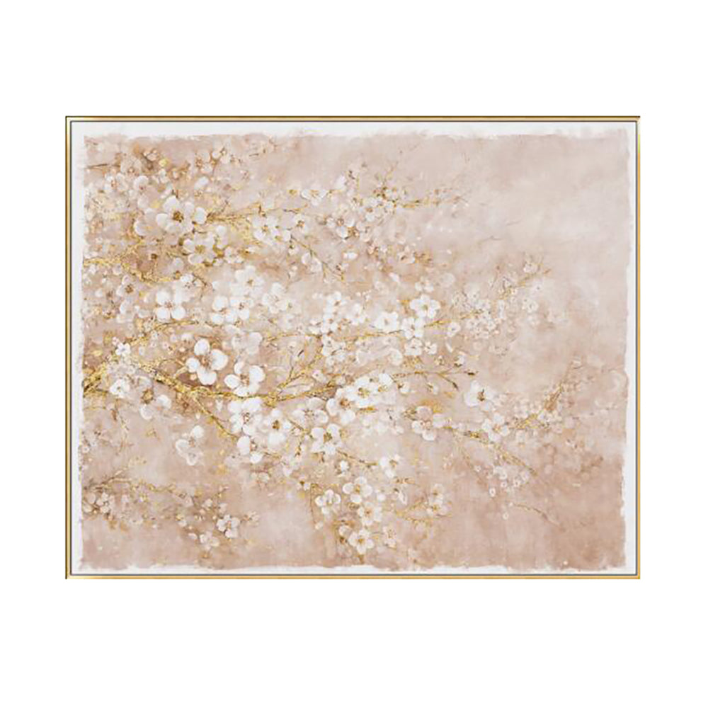 Decorative wall art with floral design and gold accents on a beige background