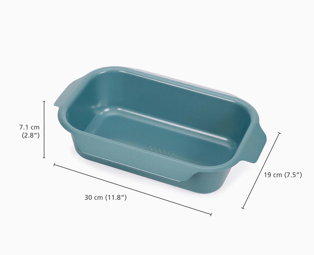 Green baking dish with dimensions labeled on a white background