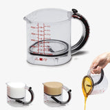 Set of clear measuring cups with different capacities on a white background