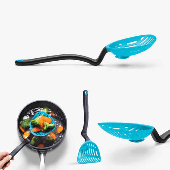 Blue and black kitchen tool with a frying pan on a white background