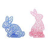 Two decorative rabbit shapes, one blue and one pink, on a white background.