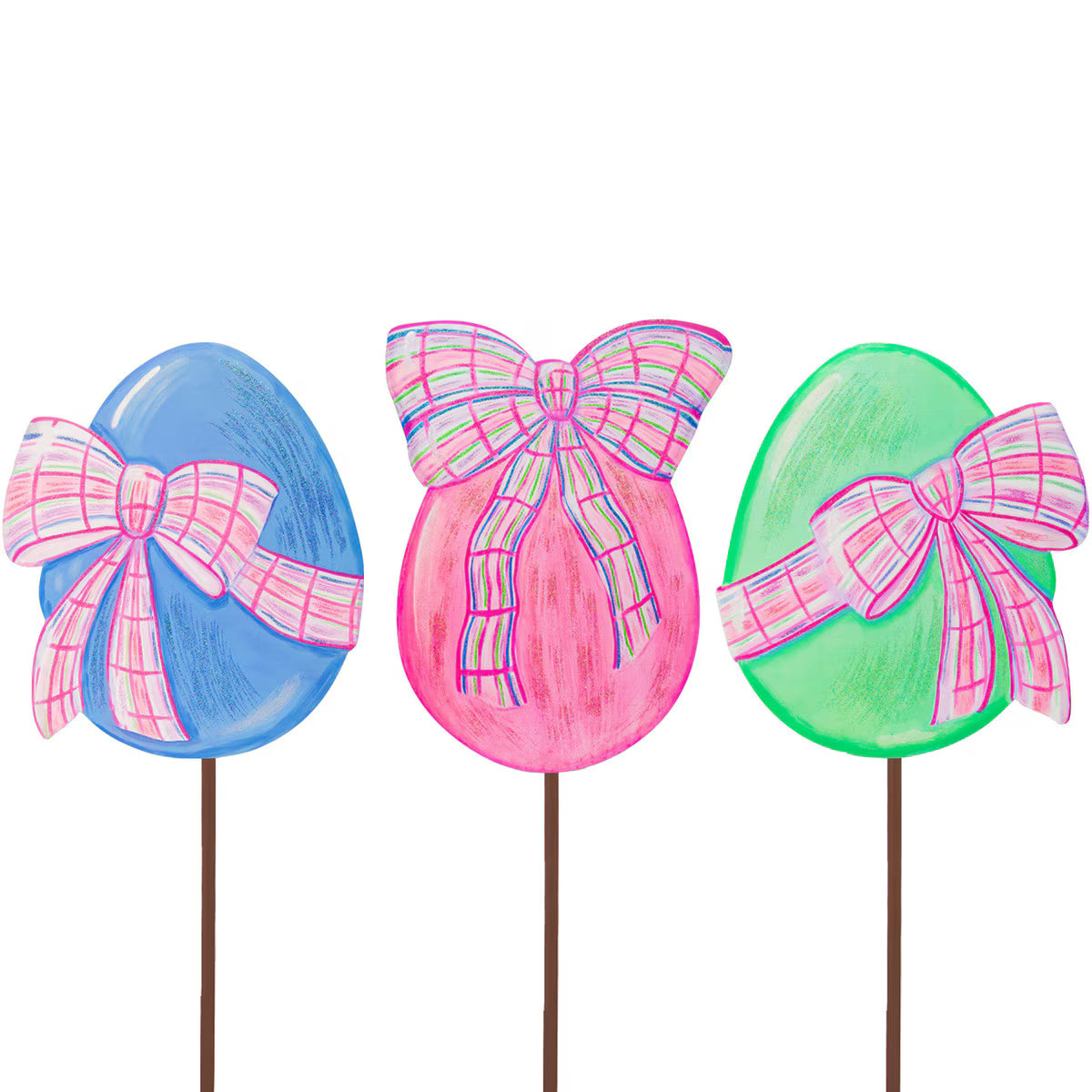 Three colorful Easter egg-shaped lollipops with plaid bows on a white background