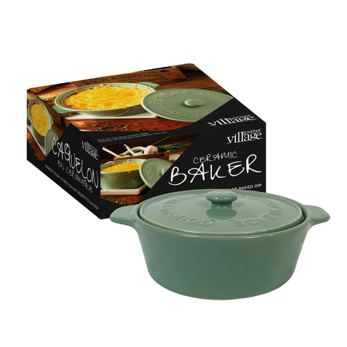 Green ceramic baker with packaging displaying 'Butter Village' branding on a white background.