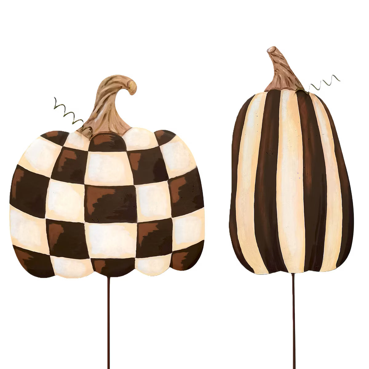 Two decorative pumpkins with checkered and striped patterns on a white background