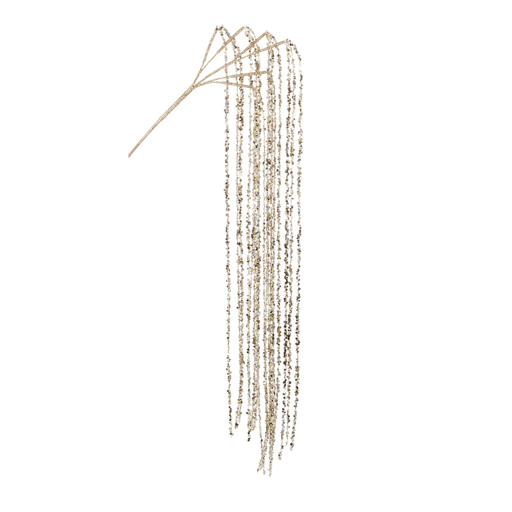 Long beaded necklace with multiple strands on a white background