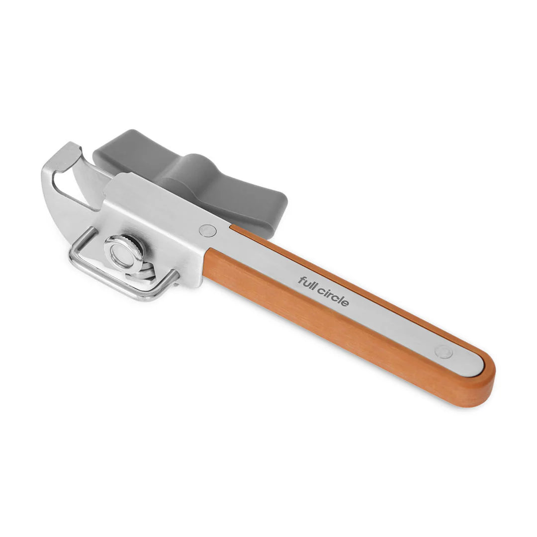 Canoopener with wooden handle and gray top on a white background