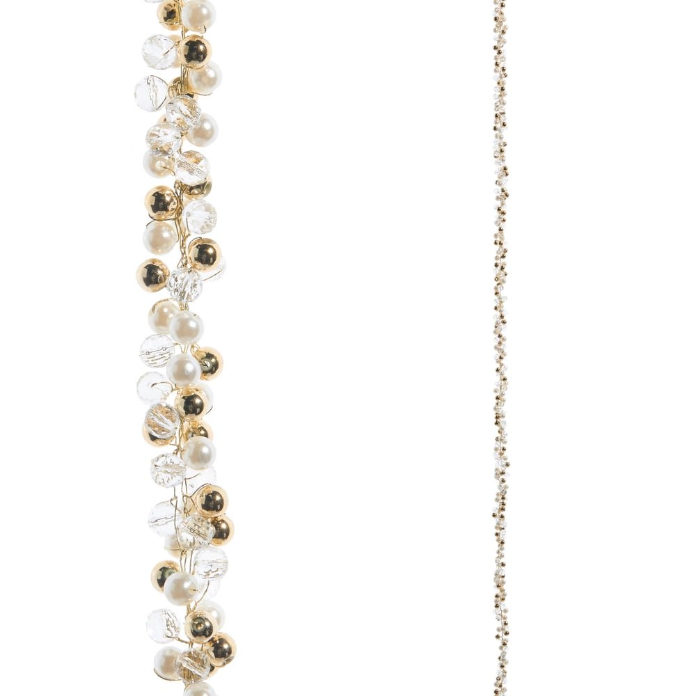 A delicate gold chain necklace shown in two views: a close-up of a section featuring white faux pearls and clear faceted beads, and a full-length view of the fine chain on a plain white background.