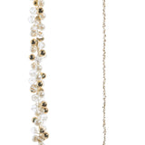 A delicate gold chain necklace shown in two views: a close-up of a section featuring white faux pearls and clear faceted beads, and a full-length view of the fine chain on a plain white background.