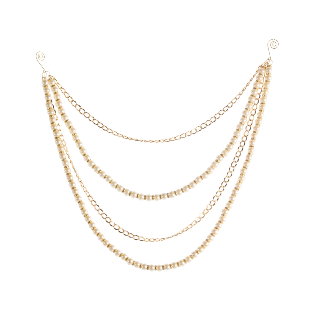 A gold-toned multi-layered chain necklace with beaded strands and spiral wire ends, displayed on a clean white background.