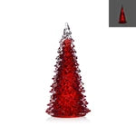A small red Christmas tree ornament or decorative tree with a silver finial on a white background, with a small inset showing the tree from the back.