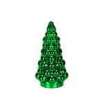 A small metallic green Christmas tree ornament with a textured, beaded tiered design, isolated on a white background.