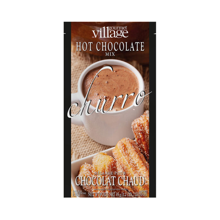 Gourmet Village Churro hot chocolate mix packaging on a white background
