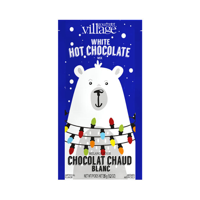 Gourmet Village white hot chocolate mix package with a polar bear illustration on a blue background