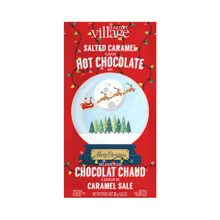 Red box of salted caramel hot chocolate mix with a snow globe design on a white background