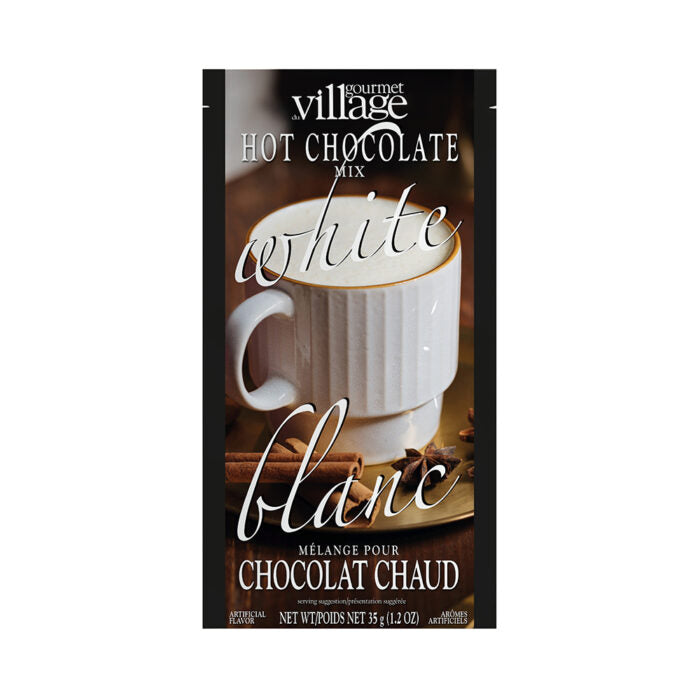 Gourmet Village White Hot Chocolate Mix packaging with a cup of hot chocolate on a white background