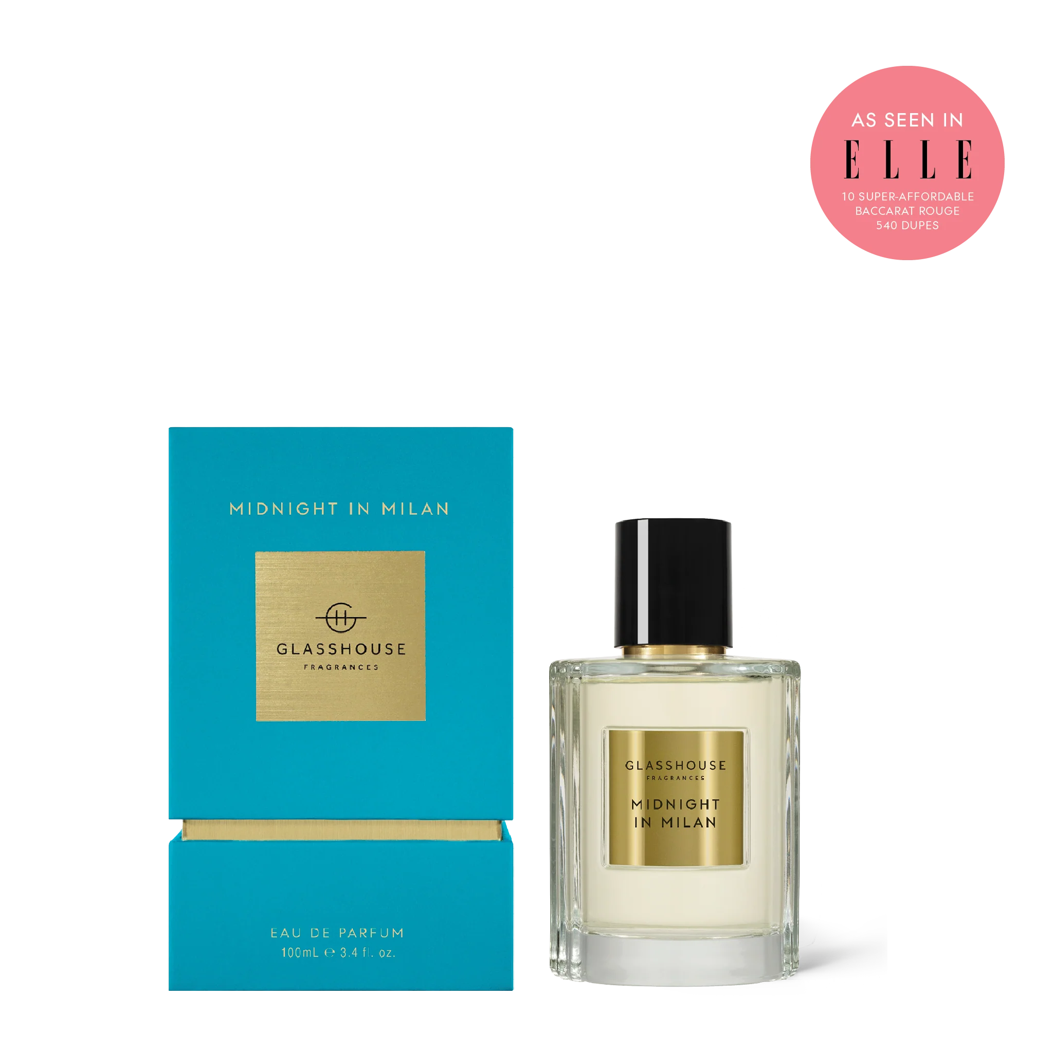 Glasshouse Midnight in Milan perfume bottle and packaging on a white background