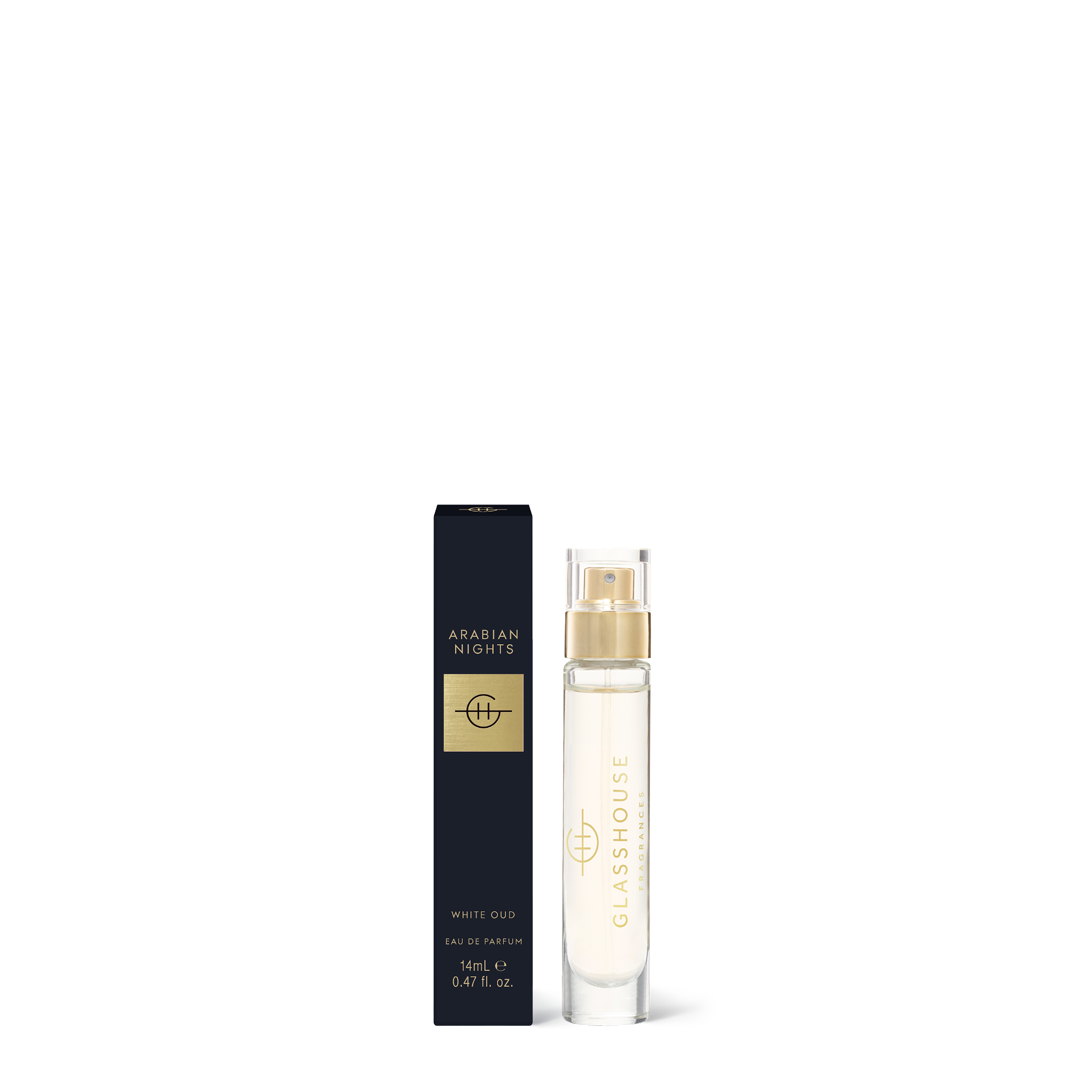 Perfume bottle and packaging labeled 'Glasshouse Arabian Nights' on a white background