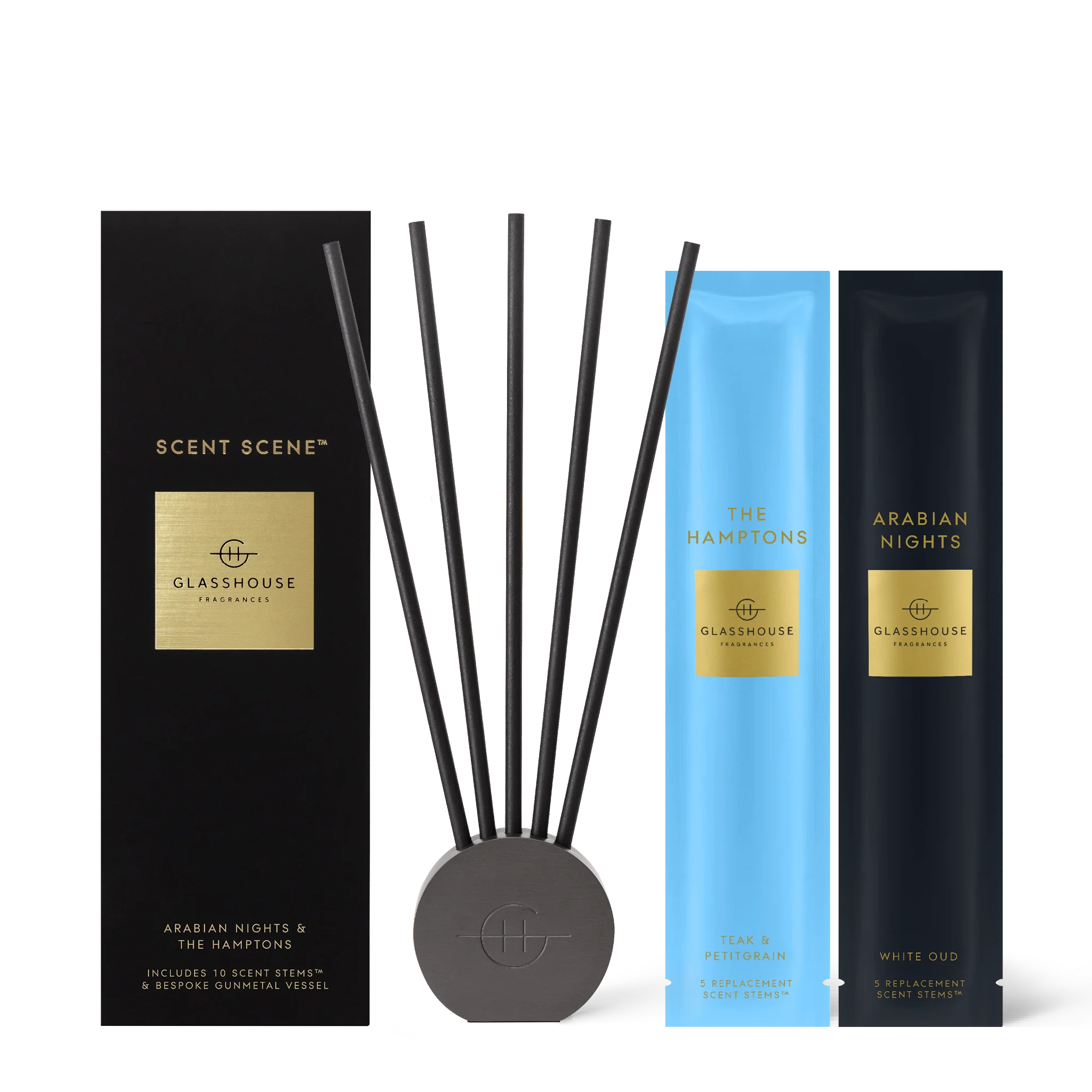 Scented diffuser set with black sticks, black packaging, blue packet, and black container on a white background.