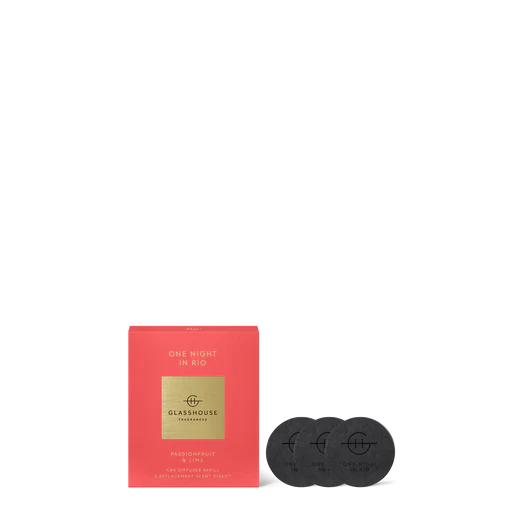 Red packaging with black discs on a white background