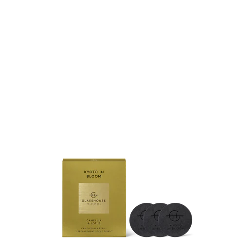 Packaging of 'Kyoto in Bloom' by Glasshouse Fragrances with two black discs on a white background.