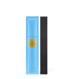 Blue packaging with black sticks on a white background