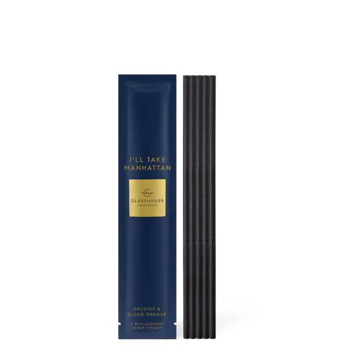 Navy blue packaging with gold accents featuring 'I'll Take Manhattan' by Glashouse on a white background.