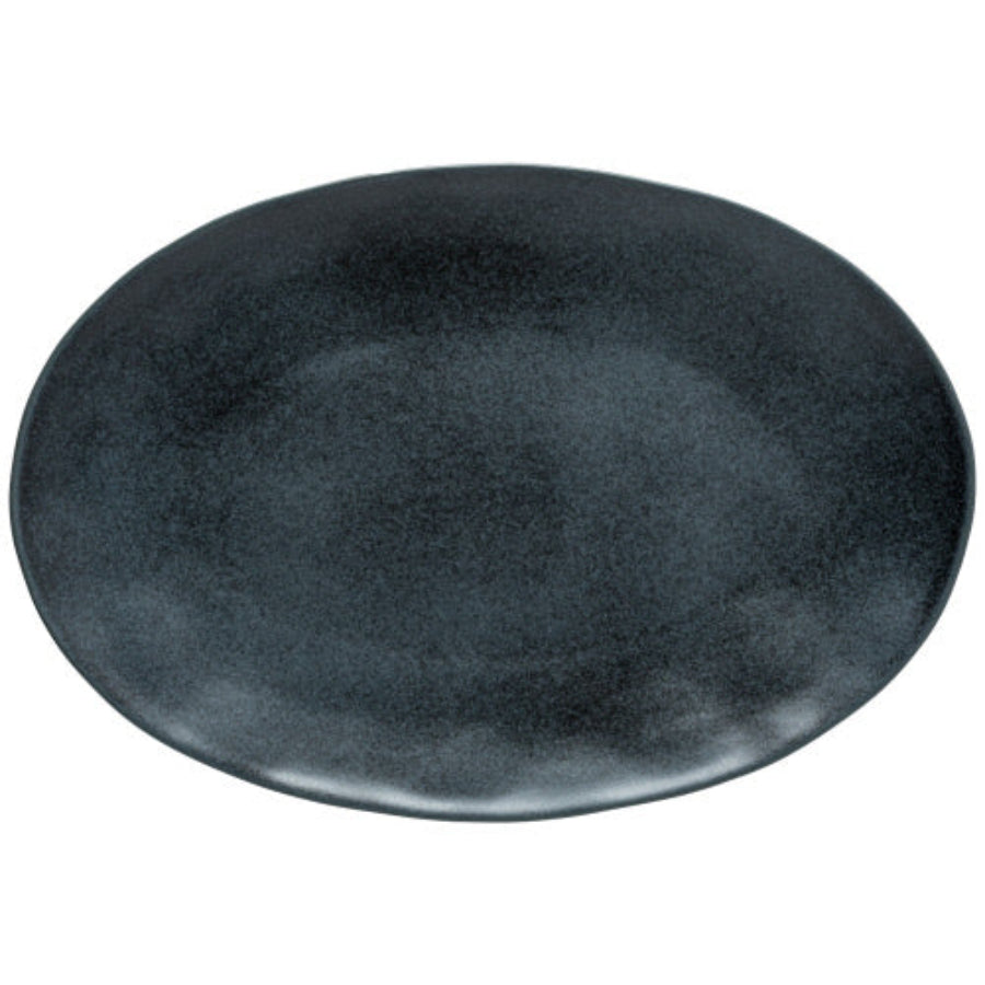 An oval-shaped, matte black ceramic platter.
