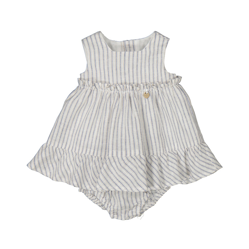 A white and blue striped baby romper dress with ruffles and a small bow detail at the chest, paired with matching Bloomers.