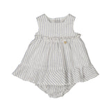 A white and blue striped baby romper dress with ruffles and a small bow detail at the chest, paired with matching Bloomers.