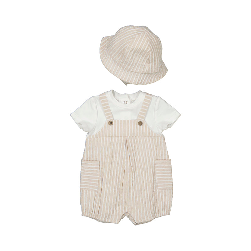 Baby outfit with striped overalls and hat on a white background