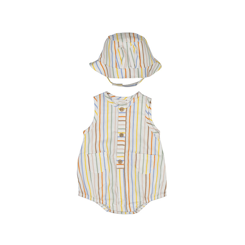 Striped baby romper with matching hat on white background