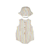 Striped baby romper with matching hat on white background
